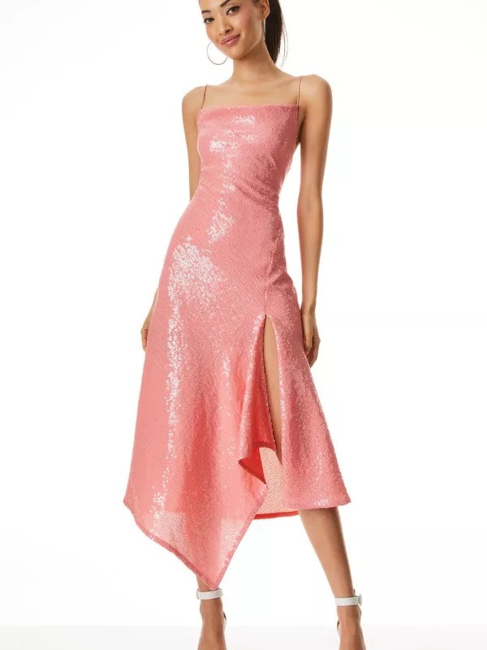 Alice + Olivia Coral Pink Sequin Asymmetrical Slip Dress